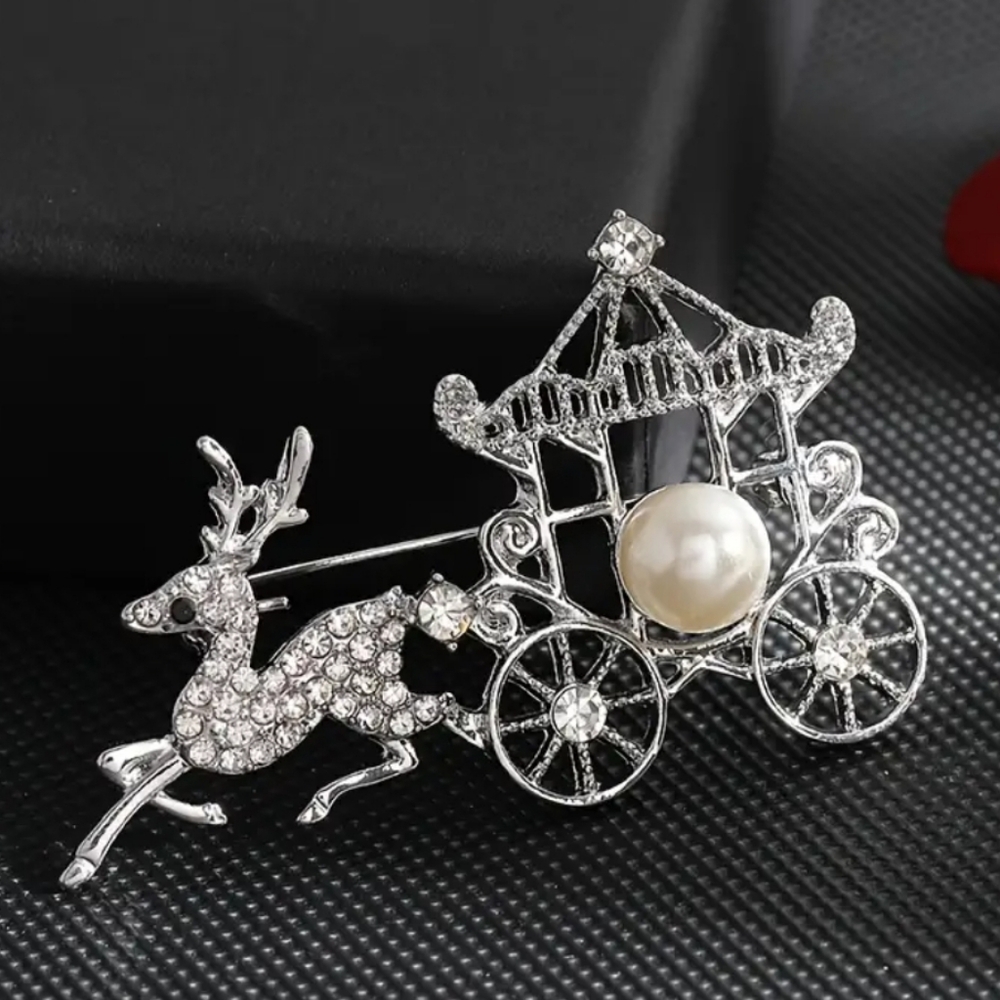 Reindeer Carriage Rhinestone Pearl Silver Brooch Pin - Picture 1 of 3